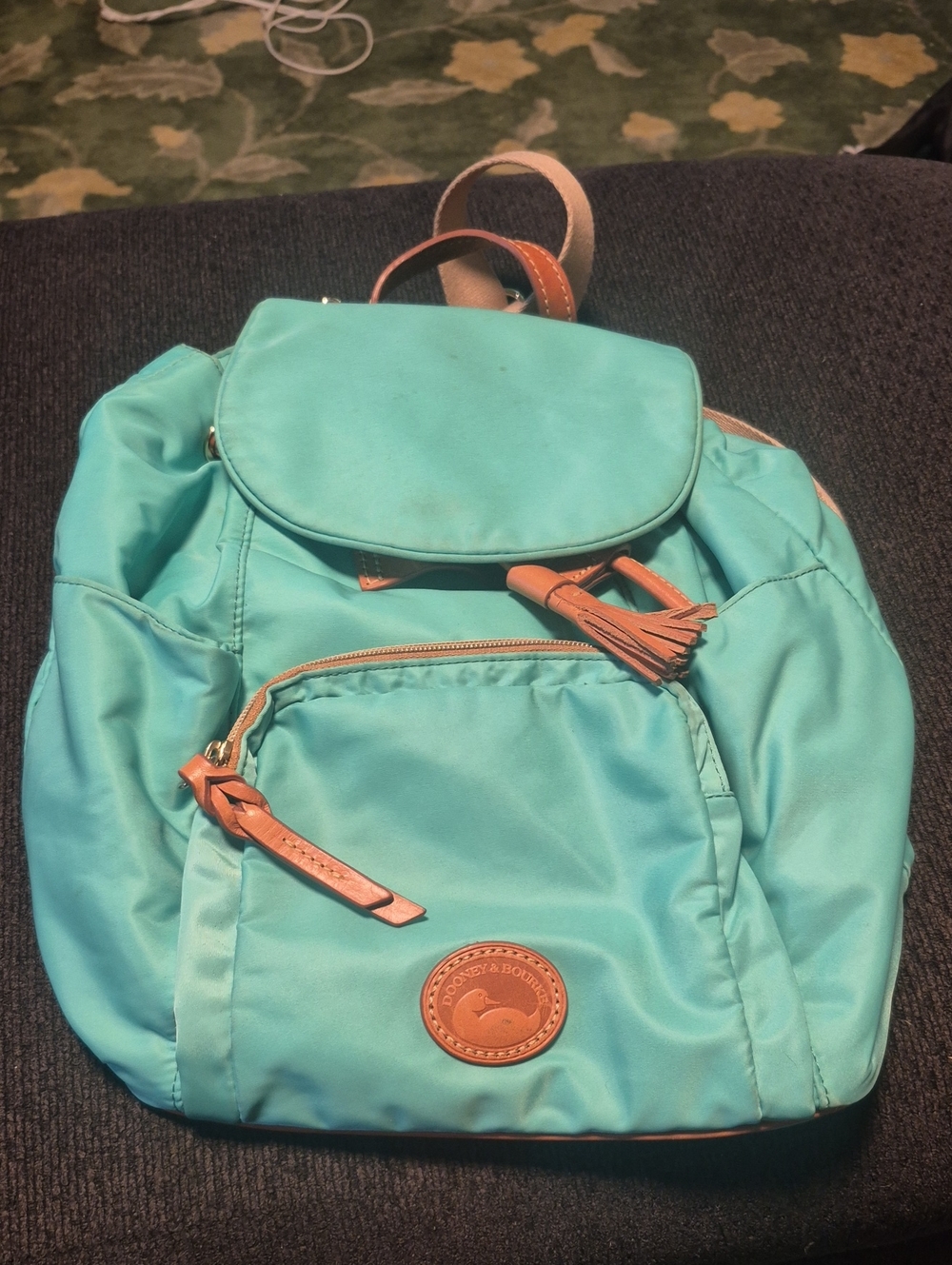 Dooney & Bourke Teal Nylon Backpack with Tan Leather Trim